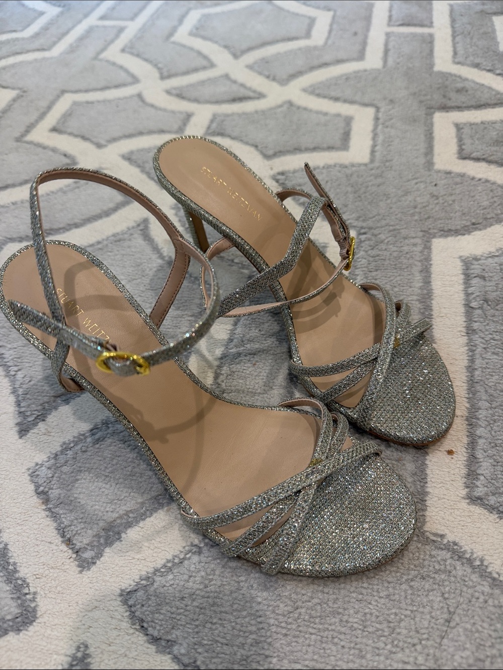 Stuart Weitzman Silver Glitter Strappy High Heel Sandals - Women's